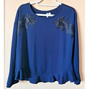 LC Lauren Conrad Size M Blue Bell Sleeve Ruffle Sweater w/Floral Lace Appliques